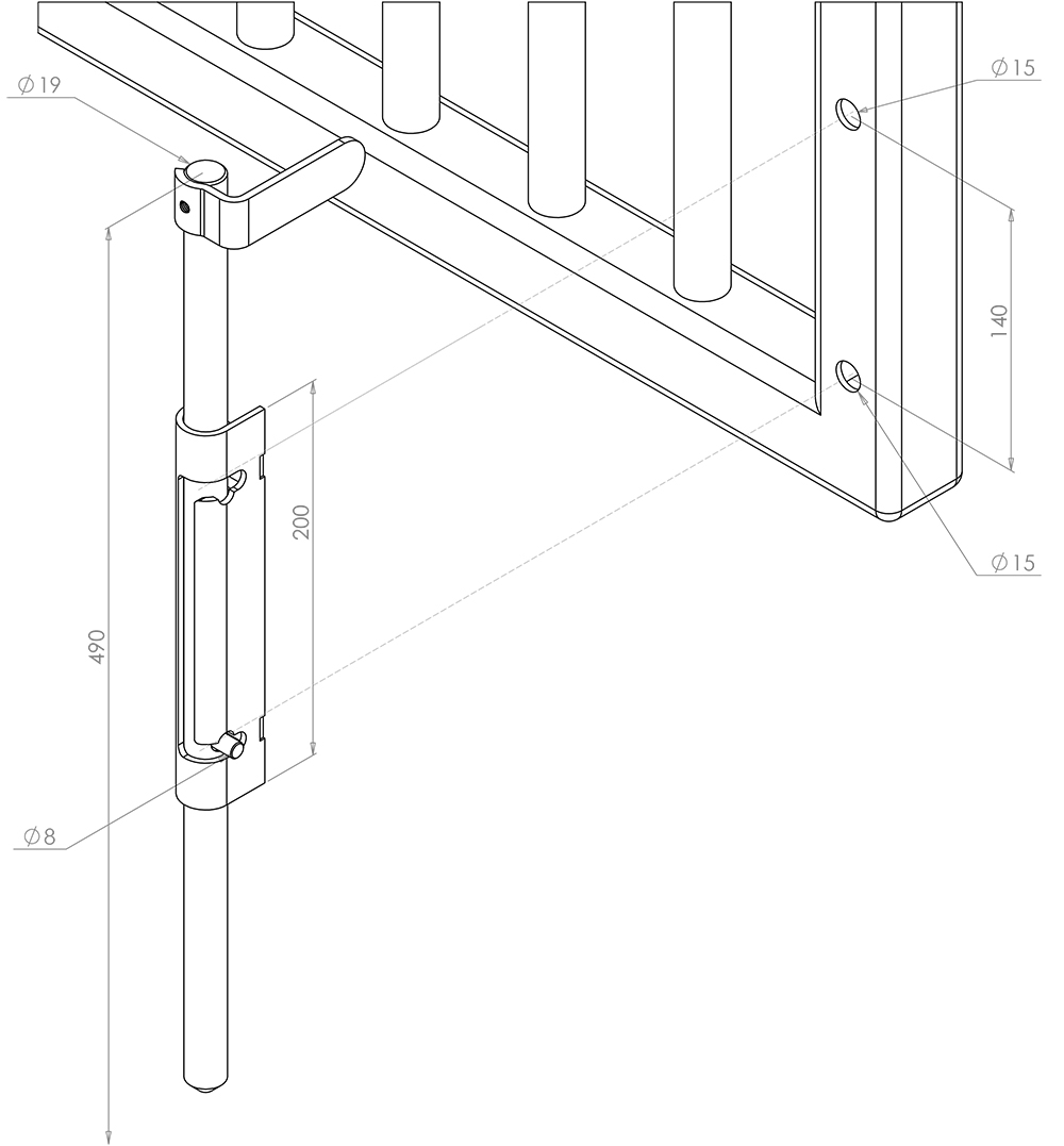 Technical drawing of locking drop bolt