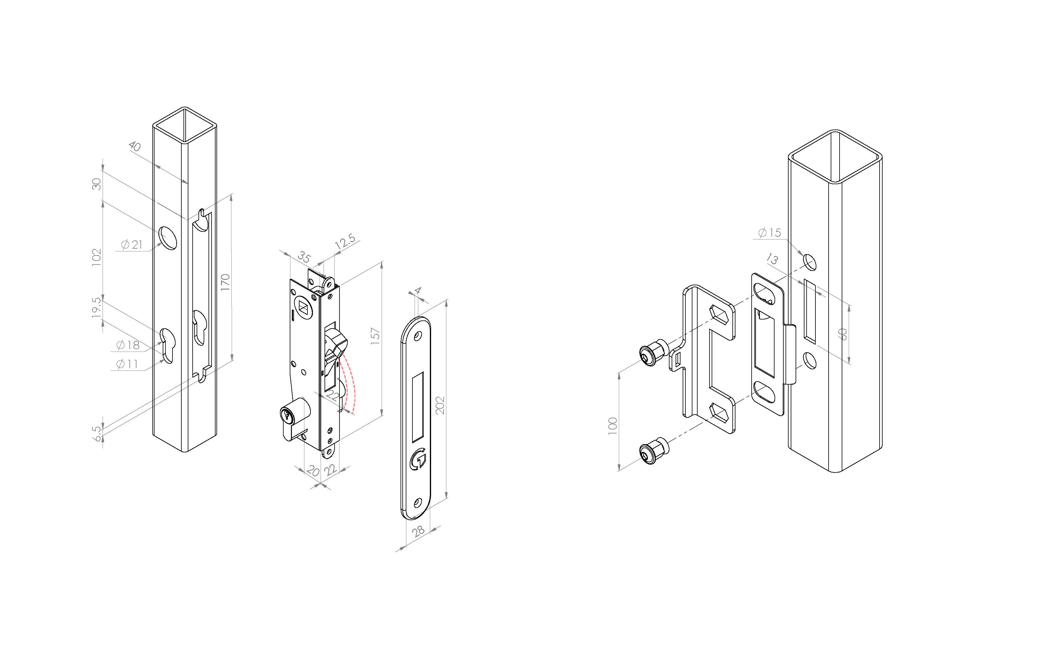 Dessins techniques de la serrure à encastrer et de la gâche assortie