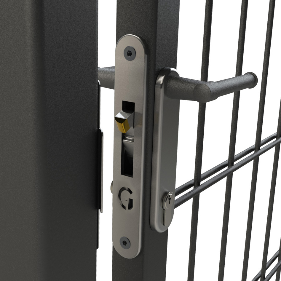 Mortice hook lock installed in black gate frame. Hook latch is disengaged