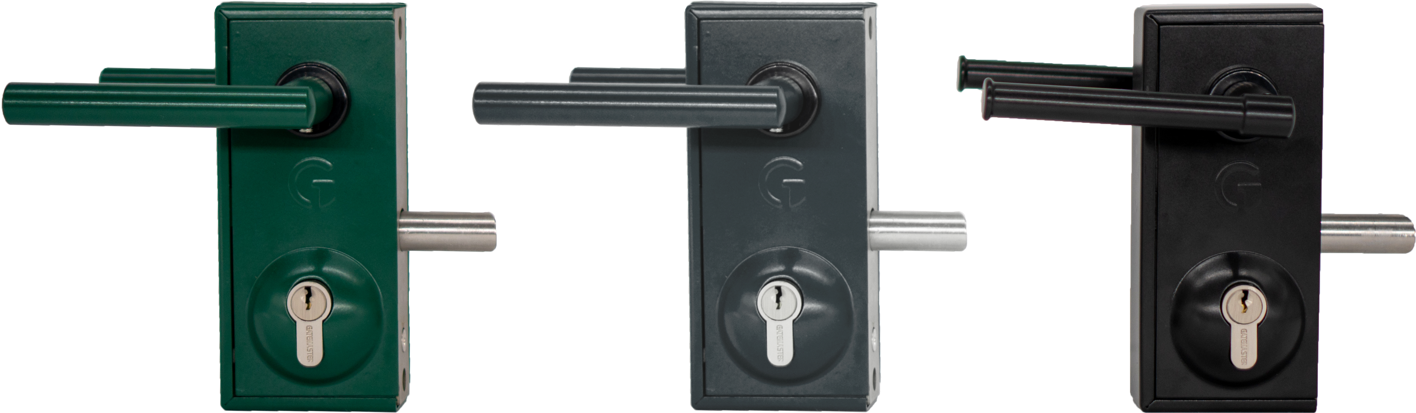 Three locks with key access. From left: green powder coated, grey powder coated and black powder coated stainless steel locks