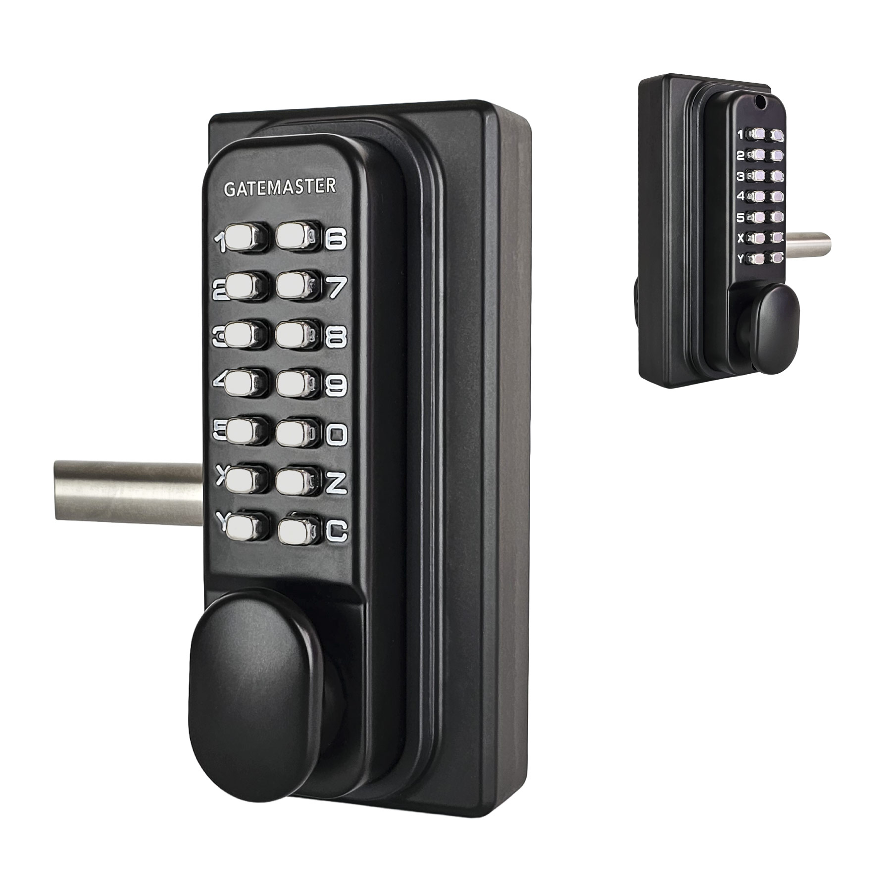 front and back view of double sided code lock for gates
