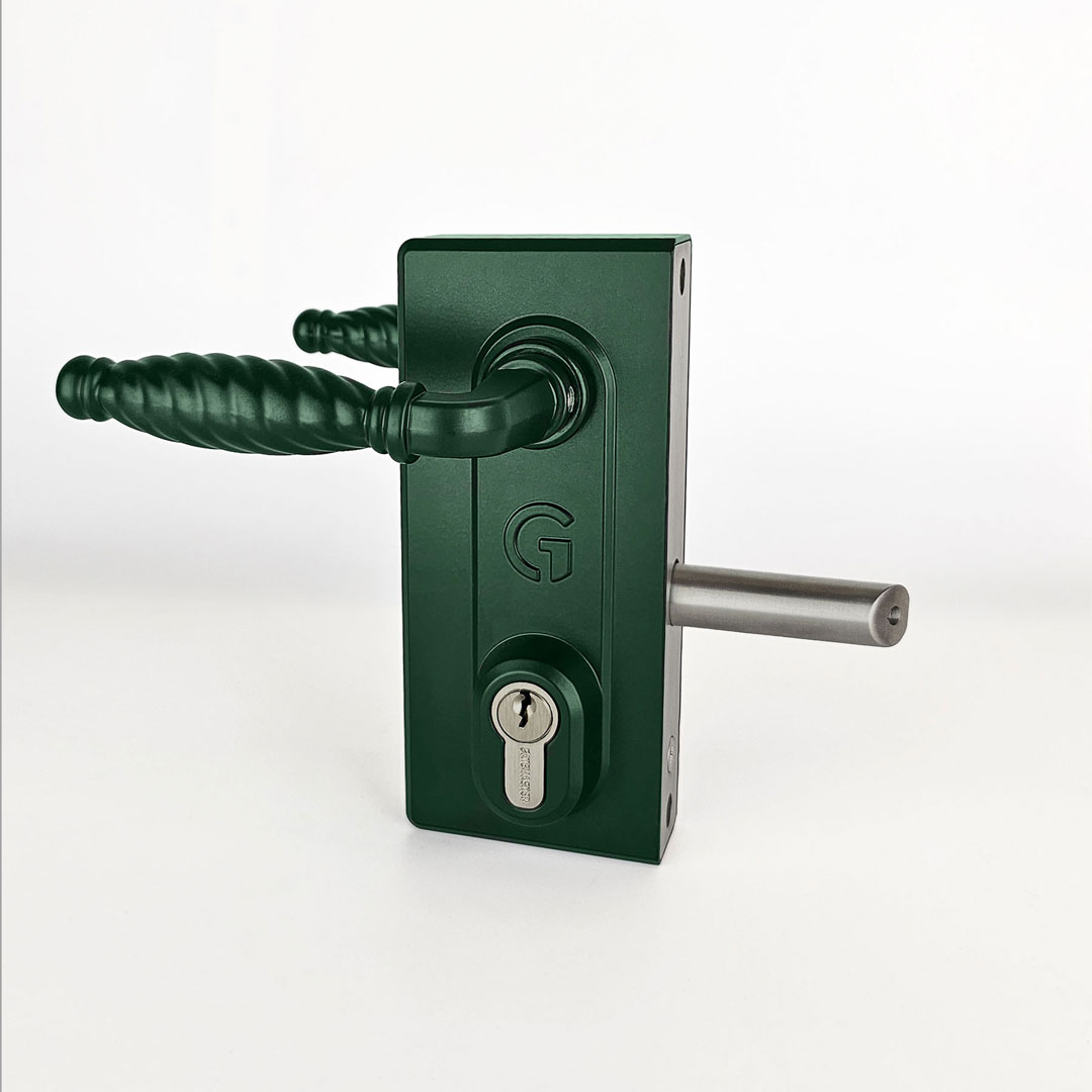 green gate lock with twisted traditional handle
