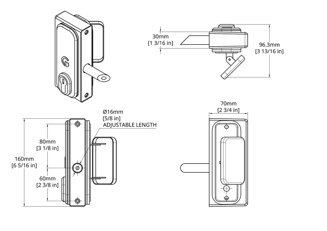 dimensional drawing for quick exit gate lock