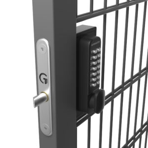 black gatemaster gate lock on metal gate frame