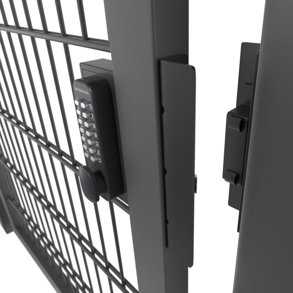 digi lock in metal gate with gate keep installed on gate post