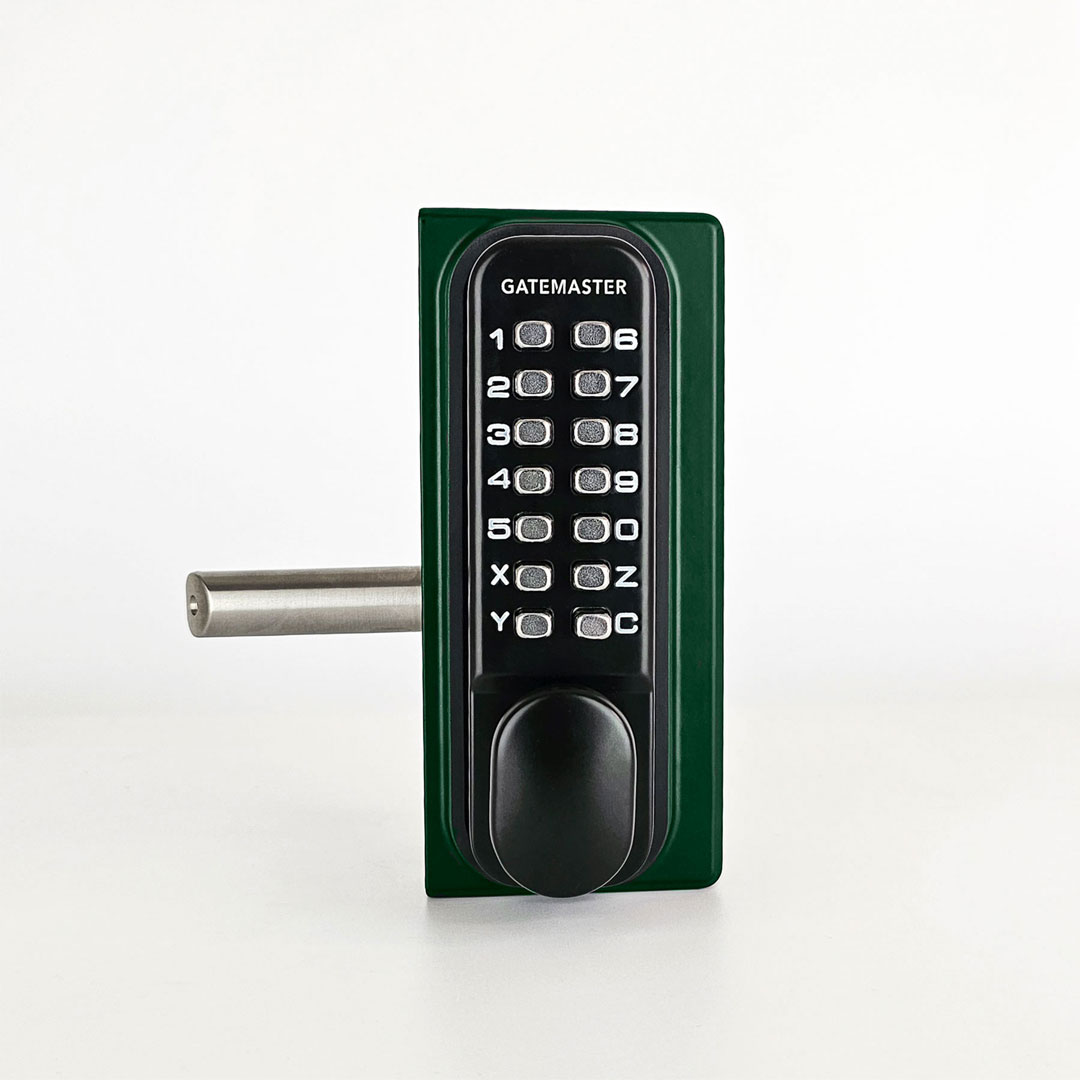 front view of green gate lock with keypad access