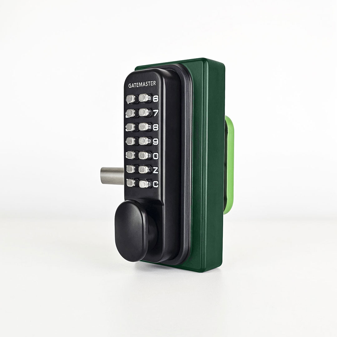 green gate lock with keypad access and green push pad