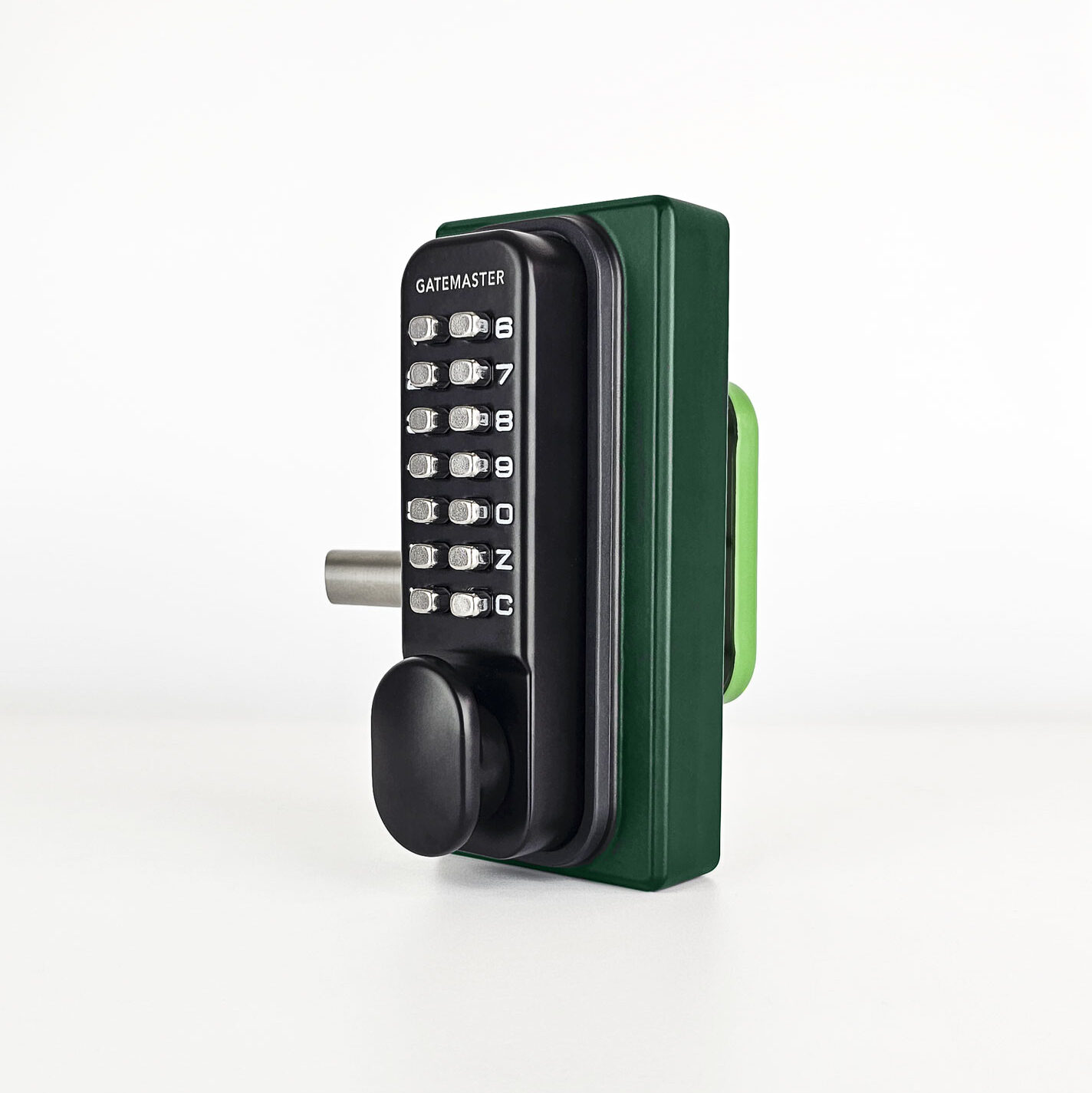 Green gate lock with keypad entry on one side and quick exit push pad on the other