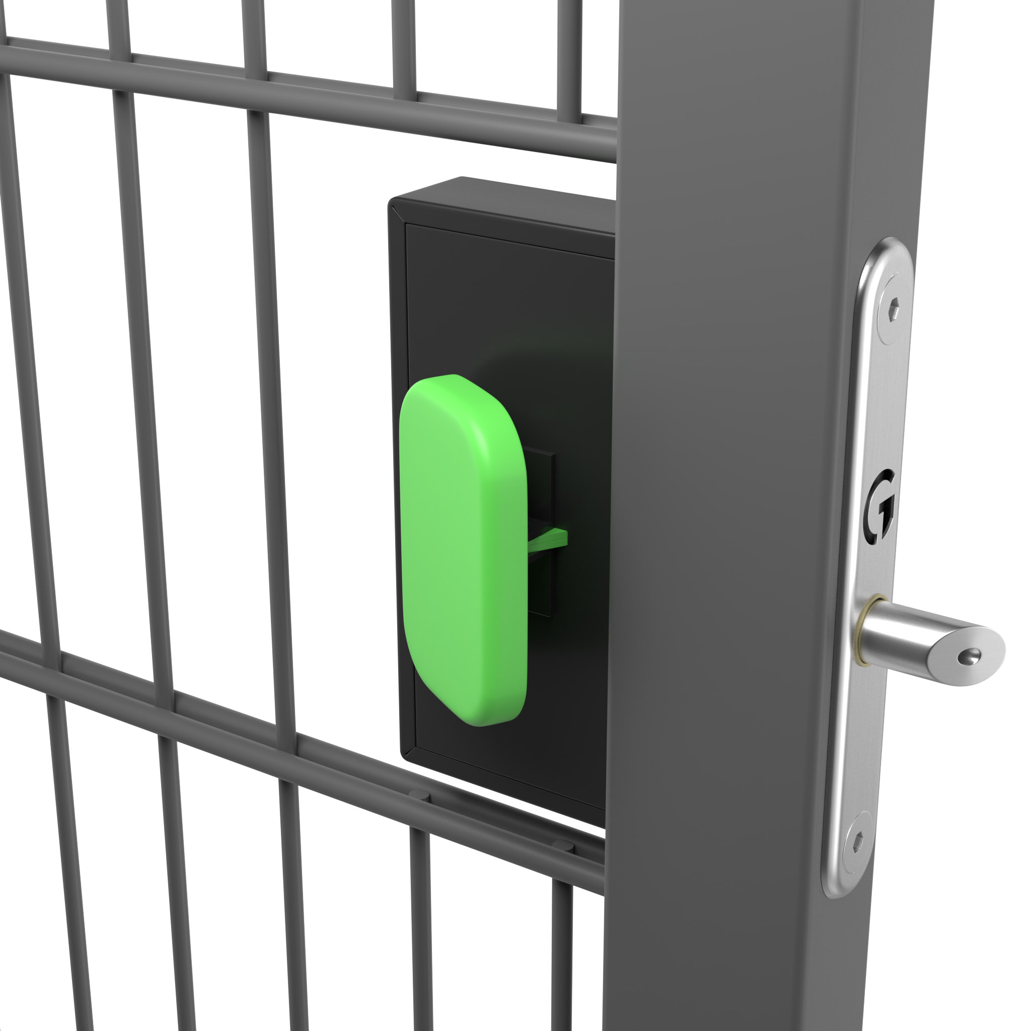 Black gate lock with green push pad mounted onto gate