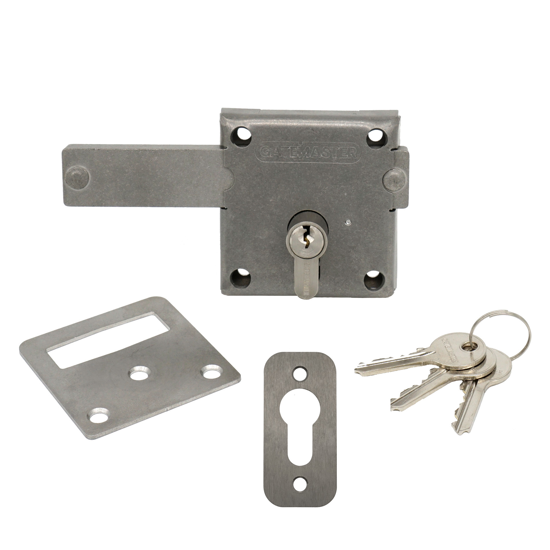 product image showing what's included in the box, stainless steel gate lock