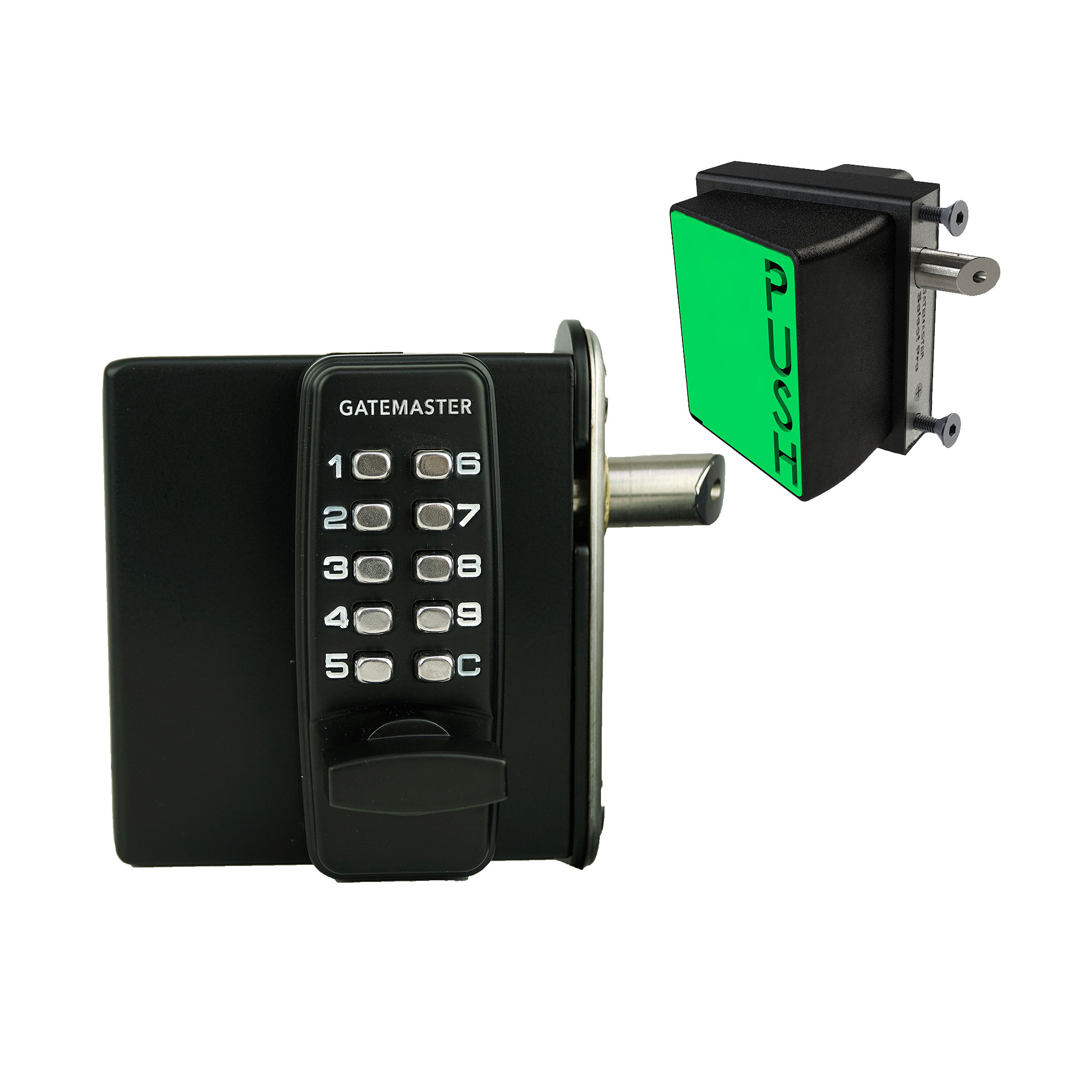 a black keypad lock with a green push pad exit