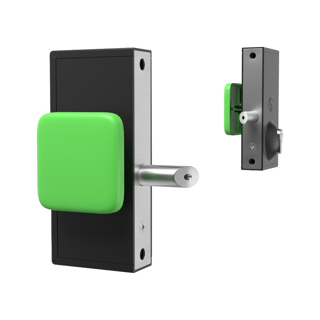 black gate lock with keyhole and green push pad on other side