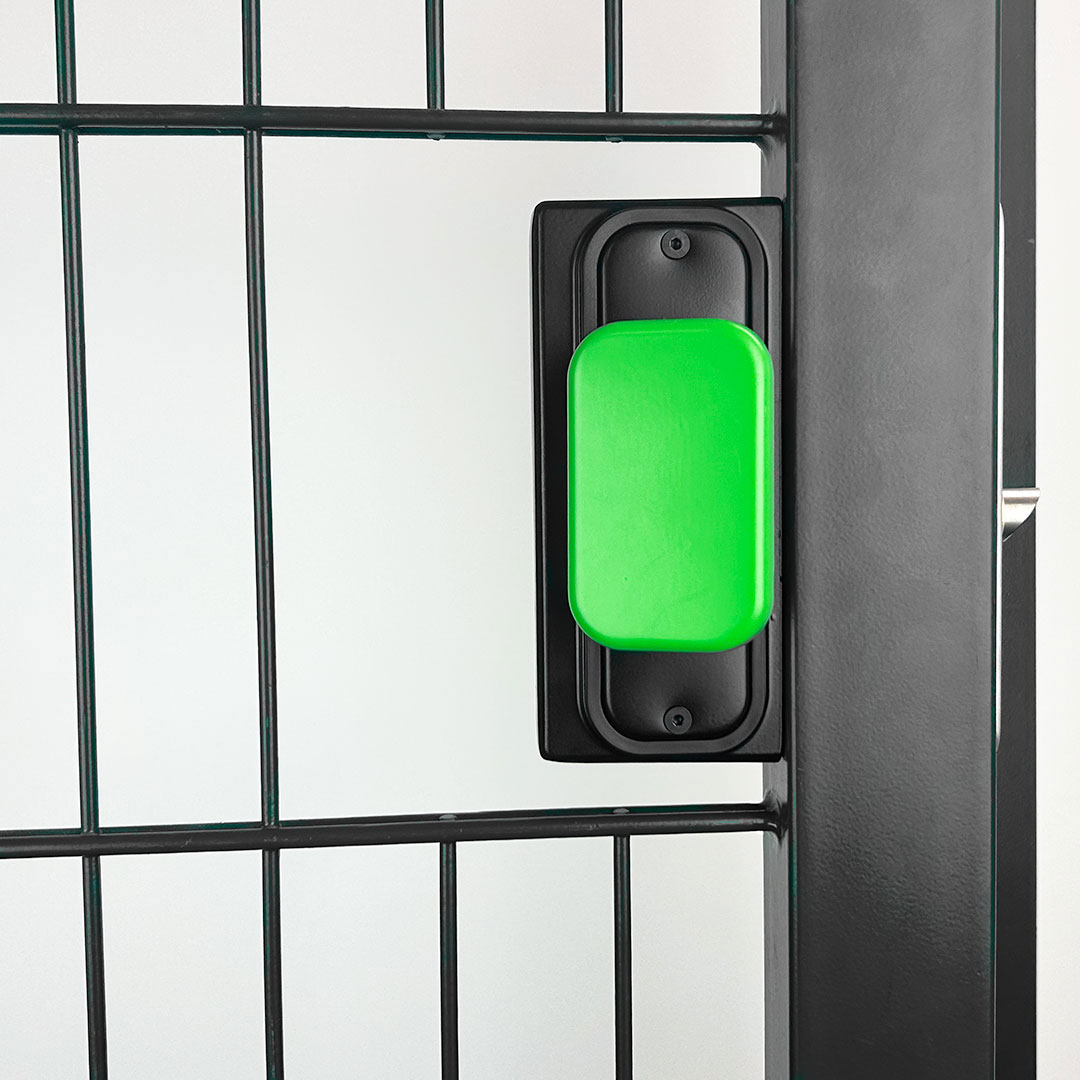 quick exit push pad on black metal gate