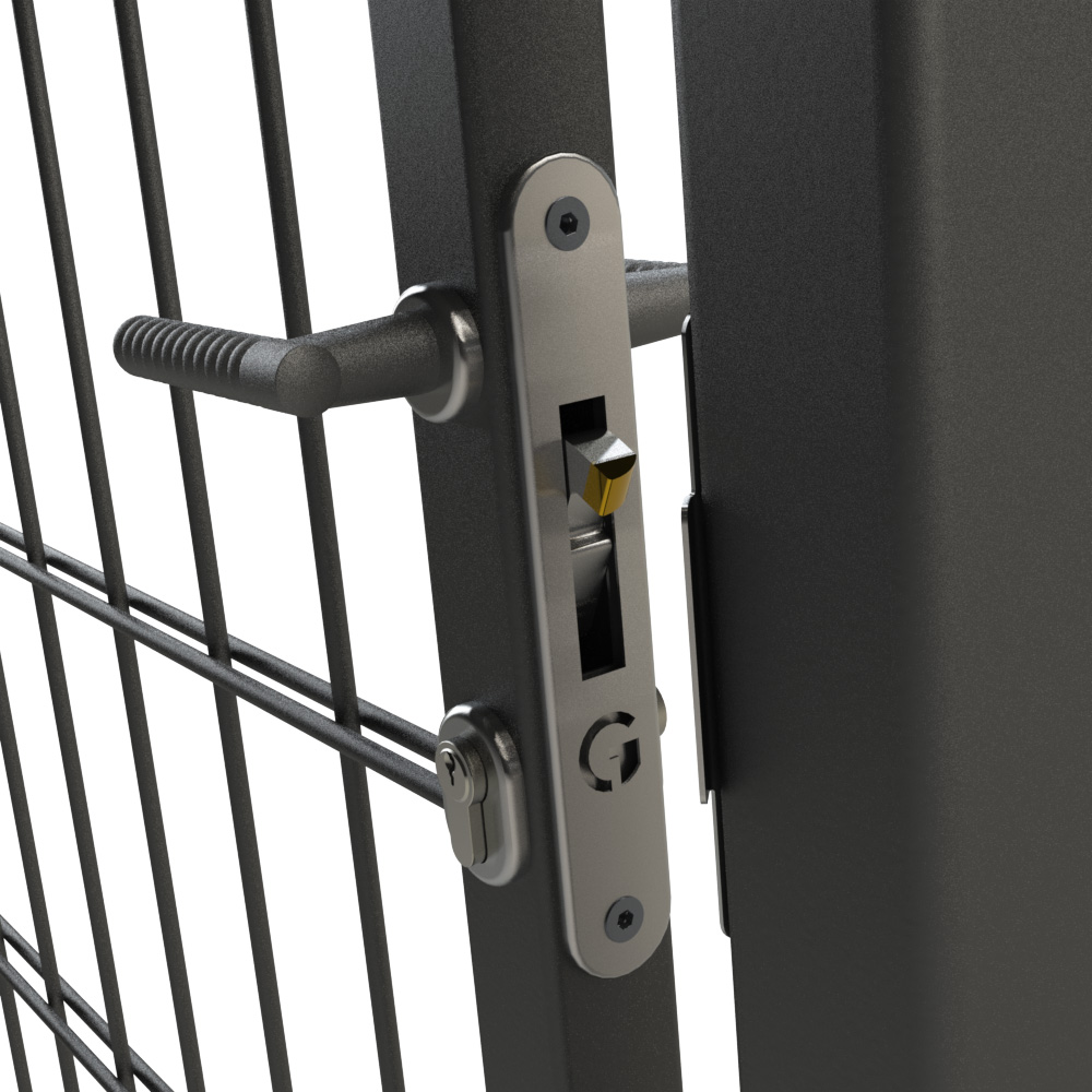 Mortice hook lock with twisted handles installed in steel gate
