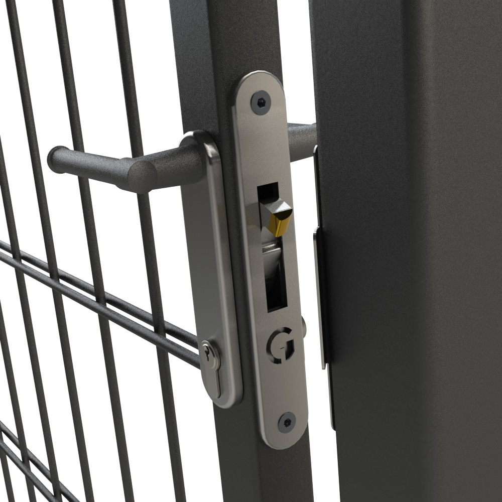 Mortice hook lock with full key cylinder and handle cover installed in metal gate