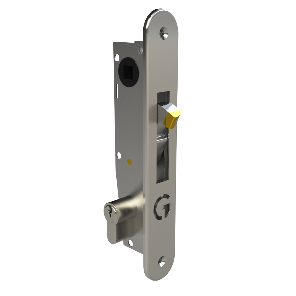 Mortice hook lock with key cylinder and brass-tipped hook latch and deadlock.