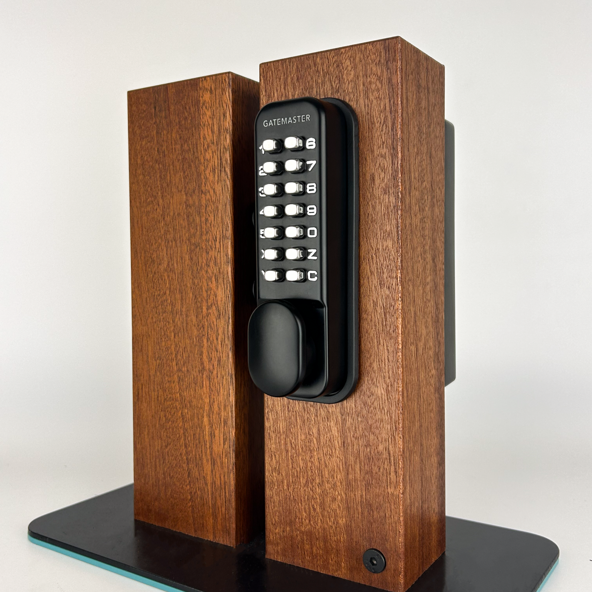 single sided wooden gate lock on wooden gate front facing side