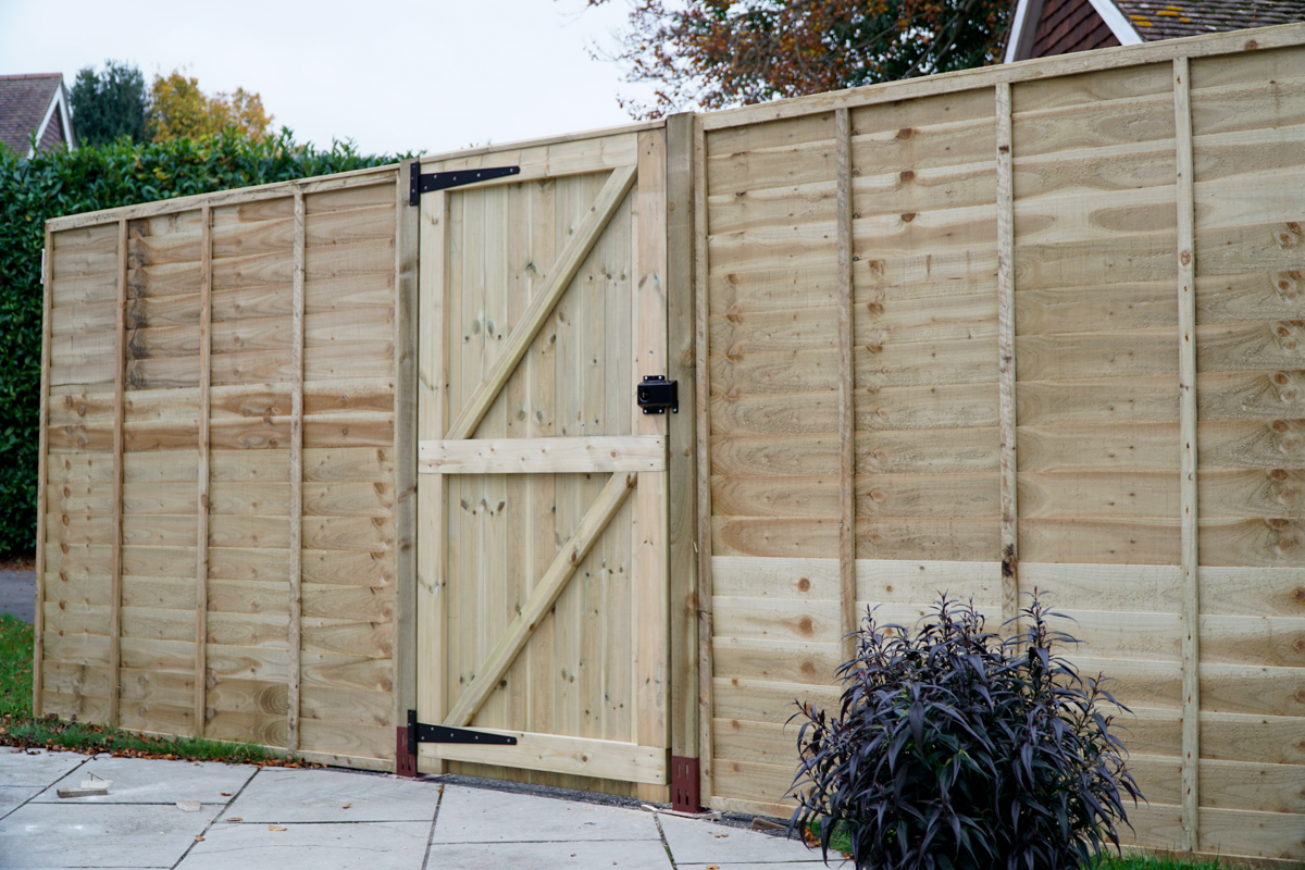 softwood timber garden gate with digital keypad lock. In front is a paved path and plant with purple flowers