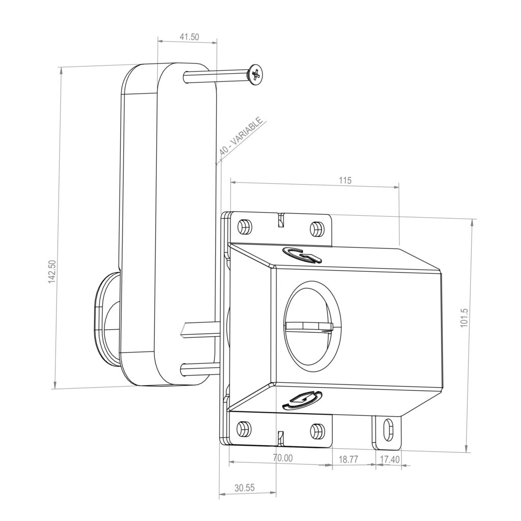 3D technical drawing of Superlatch digital keypad lock with measurements