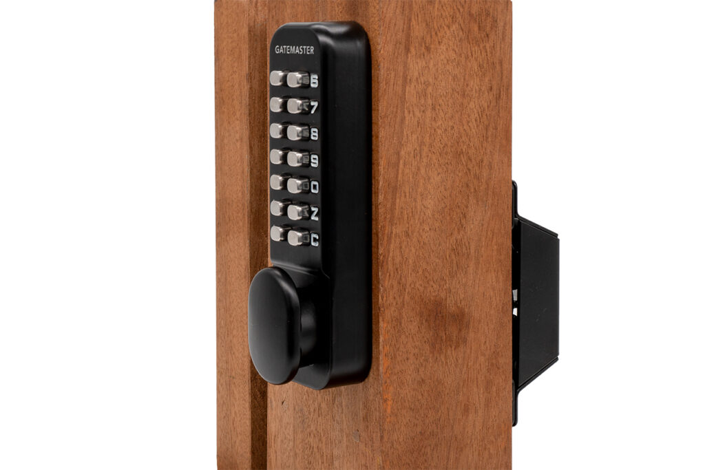 Mahogany post with keyless combination lock installed