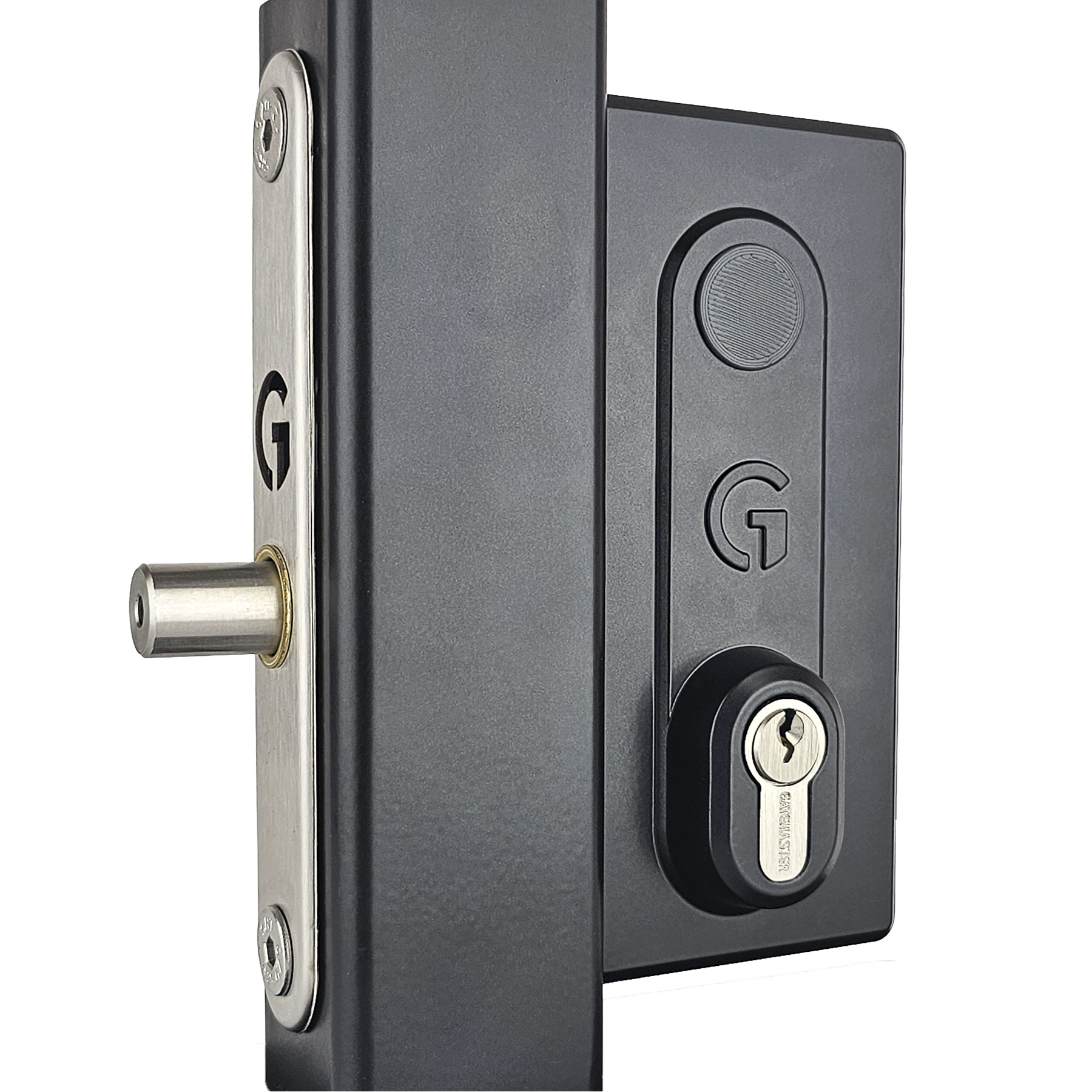 Black keyed access gate lock on gate post