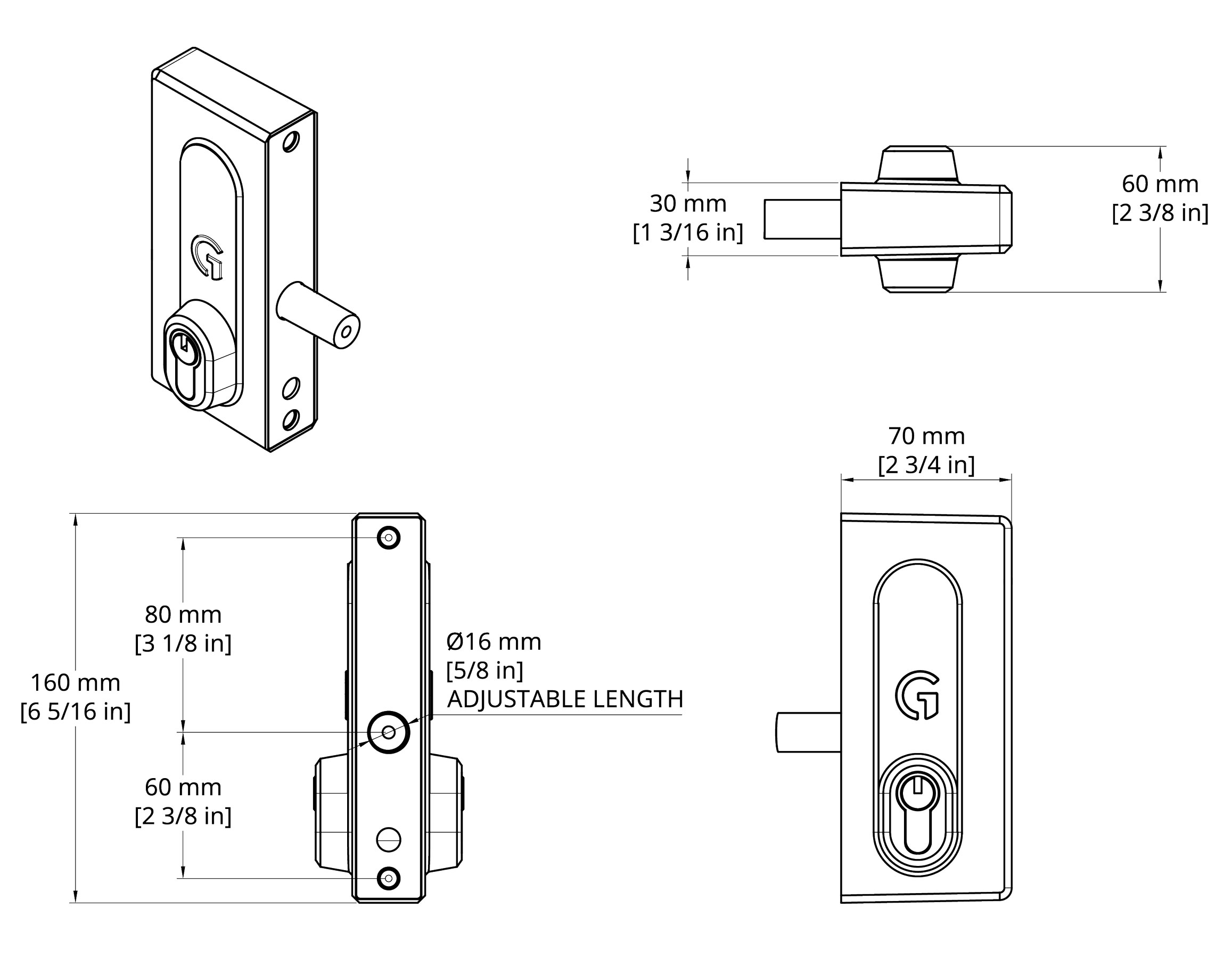 Black keyed access gate lock dimension drawing of product