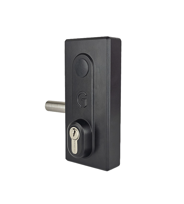Black keyed access gate lock side view