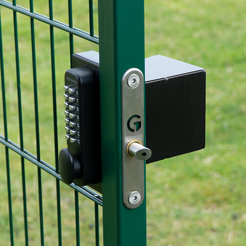 gate locks with code fitted to green metal gate. Protective gate shroud on inside.