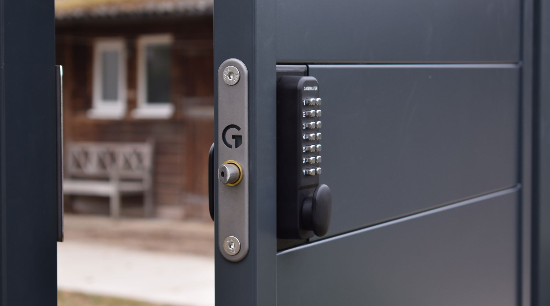 close up image of latch bolt on bolt-on lock for metal gate