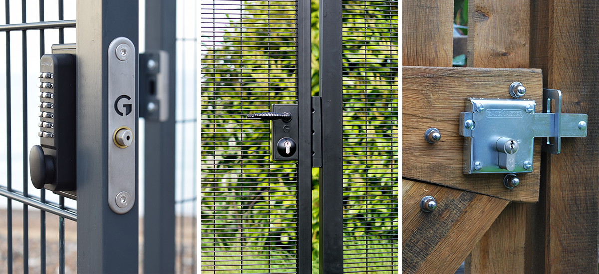 three images of locks side by side: gate lock with code, gate lock with key access and gate lock on wooden gate