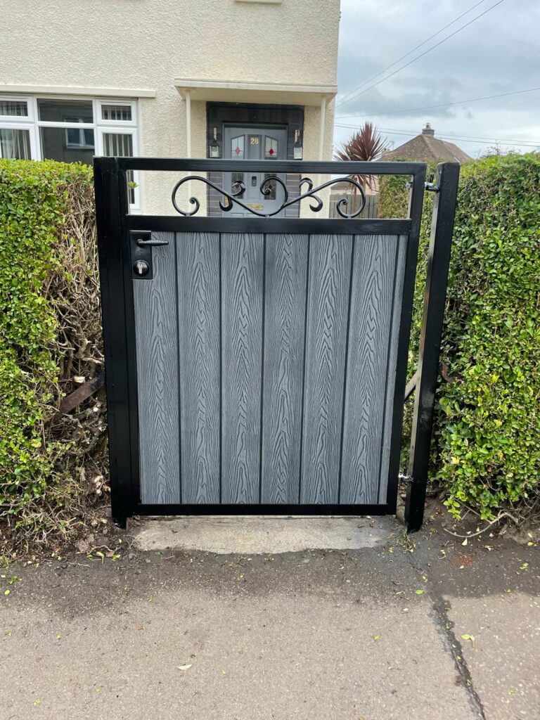 composite and metal gate with bolt-on gate lock installed.