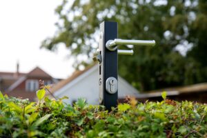 a morticed gate lock on top of a hedge