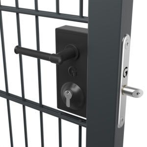 a bolt-on gate lock fitted in a metal gate 