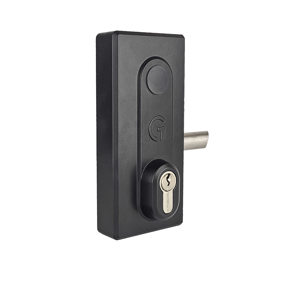 Black keyed access gate lock side view