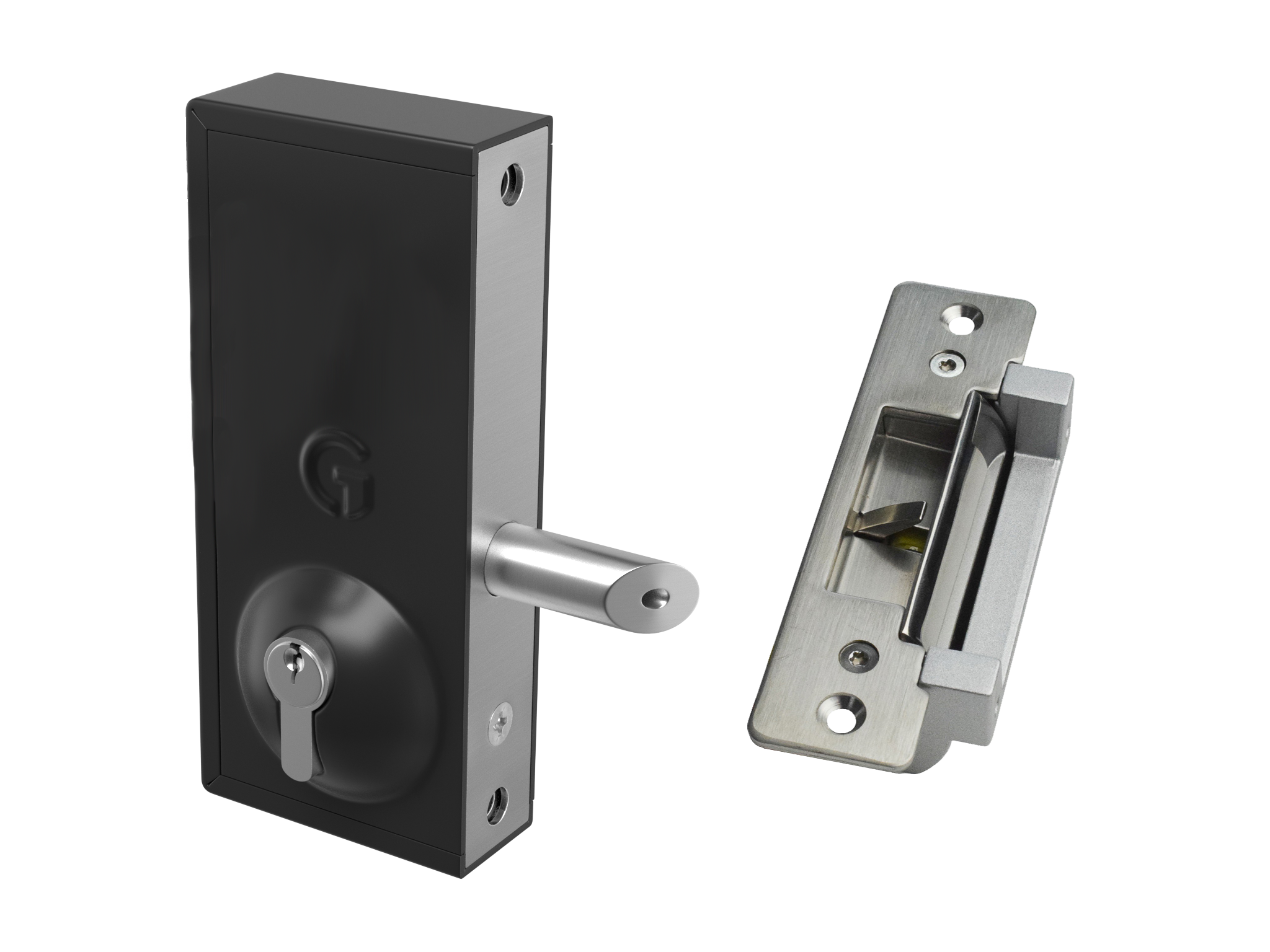 locking solutions for bike storage units featuring a key latch lock (on left) and electric releasing keep (on right).