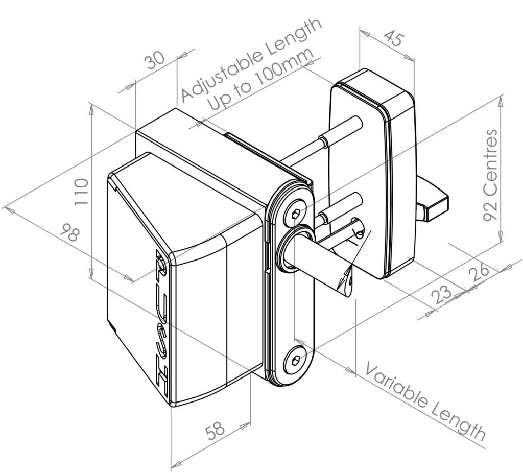 dimensional drawing of surface fixed digital lock with push pad exit