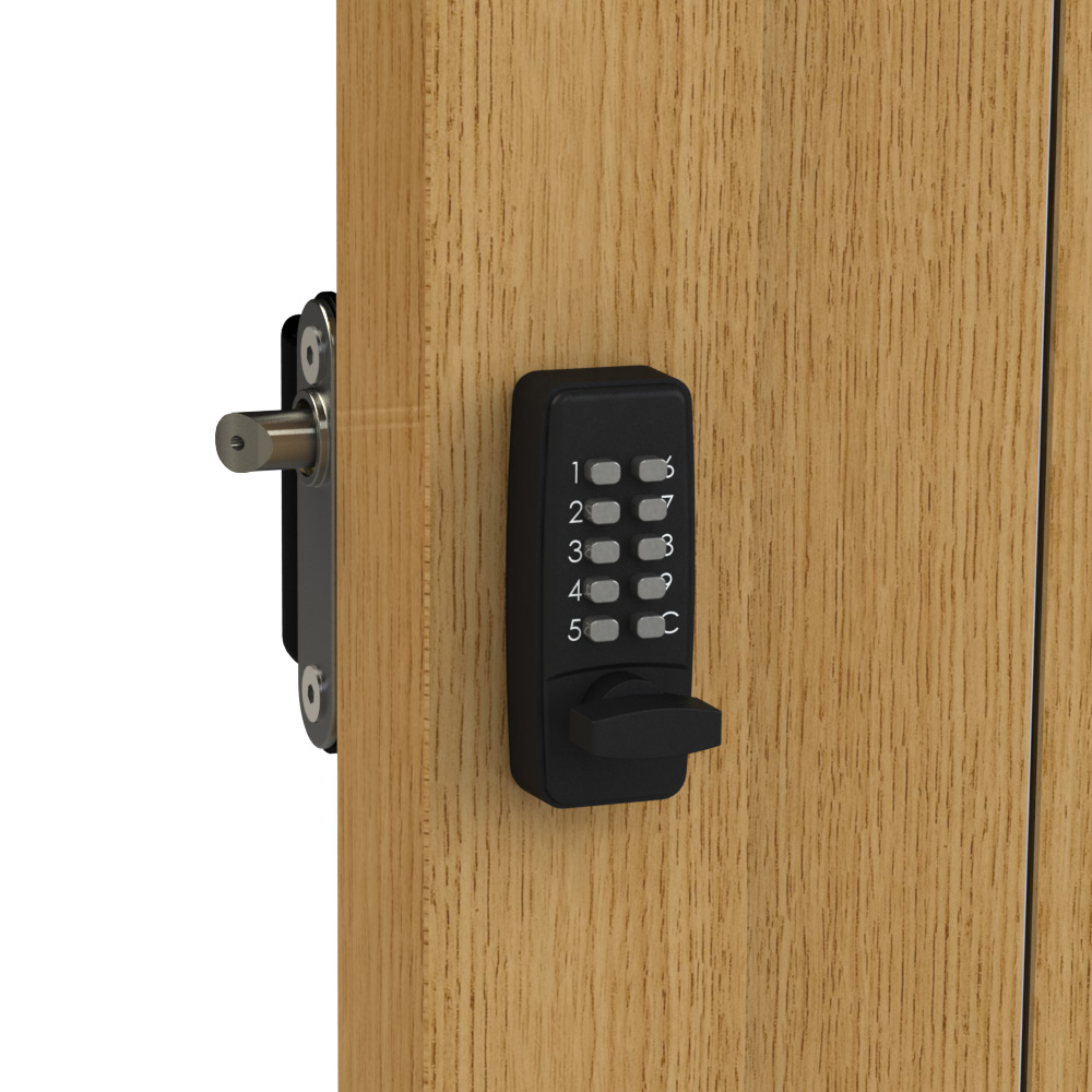 digital keypad lock installed on wooden gate