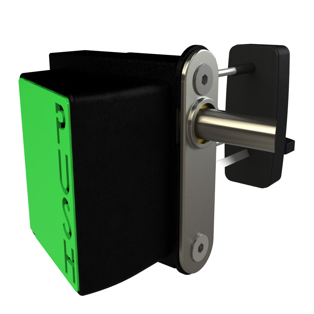 front and back view keypad lock with green push pad on one side