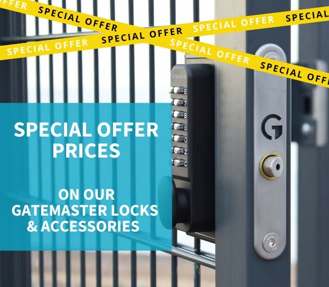 SPECIAL OFFER PRICES on or Gatemaster locks and accessories. Gate lock installed on metal mesh gate on the right hand side.