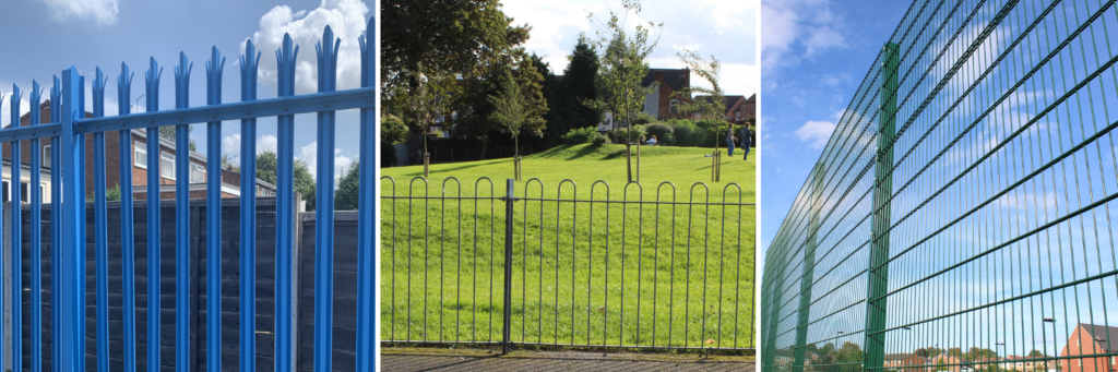Three images of palisade fence, bow top railings and mesh fencing for school gates and fencing.