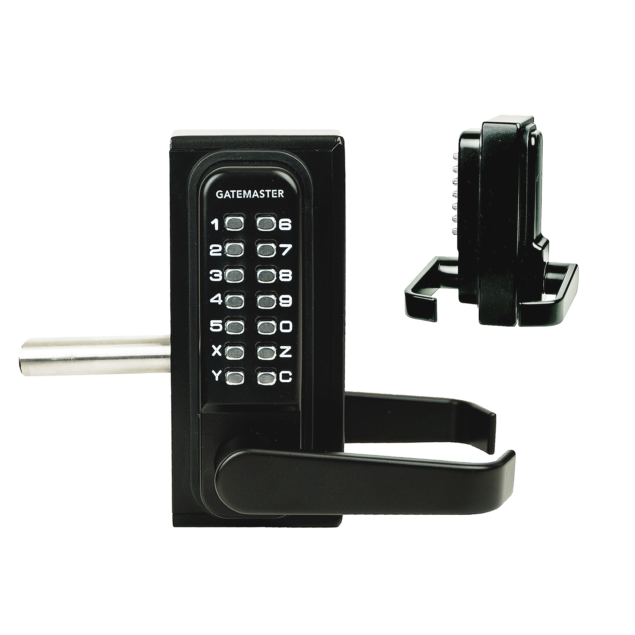 Front and side view of digital superlock coded gate lock single sided with lever handles