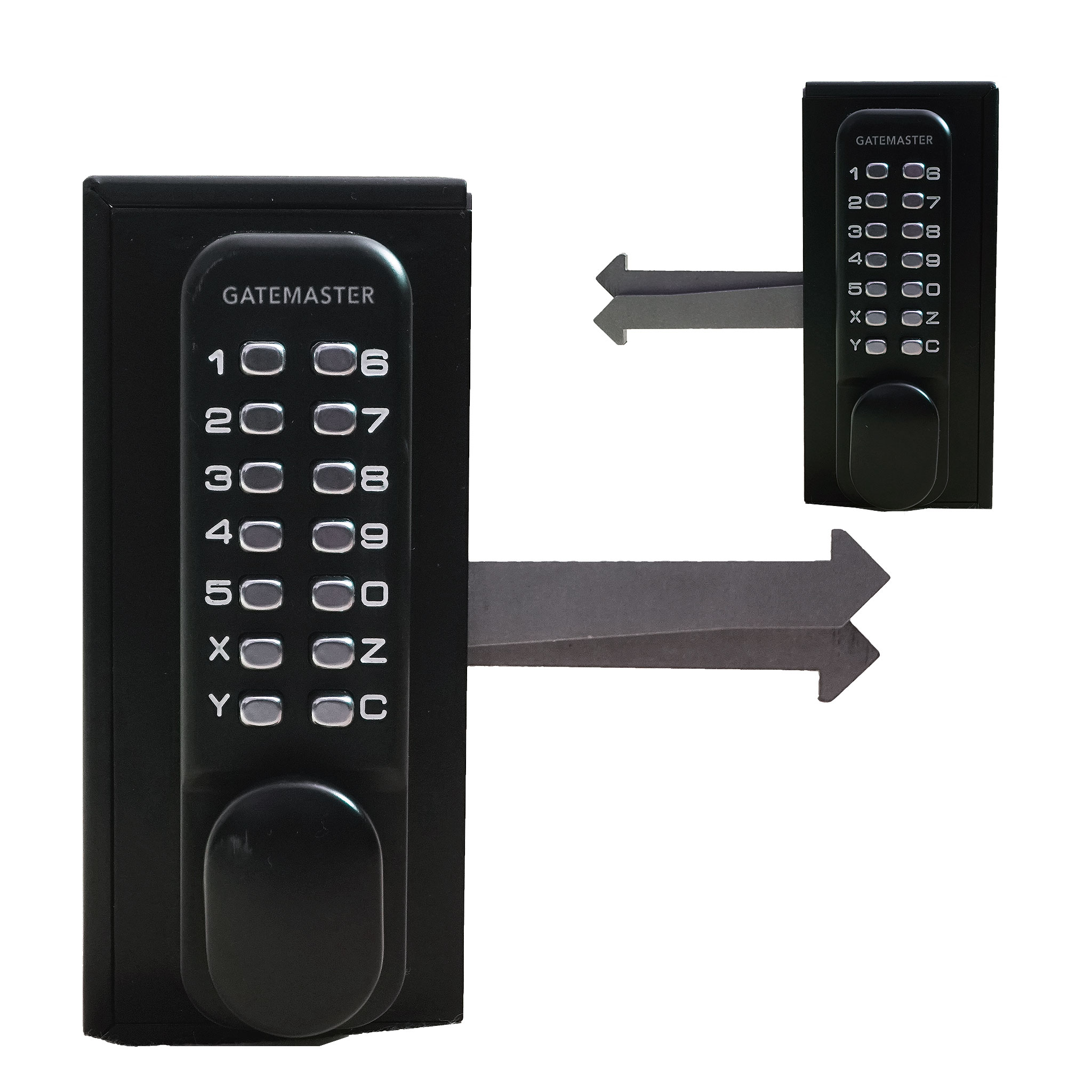 front and back of a sliding keypad gate lock