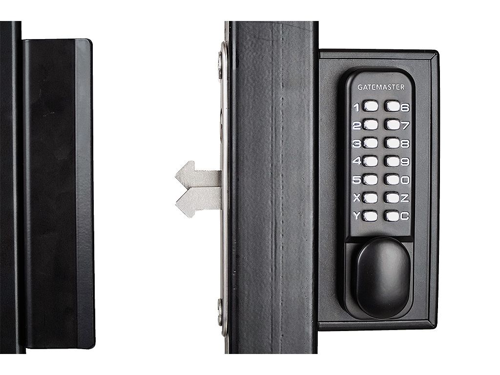 black gate lock with keypad access on gate post