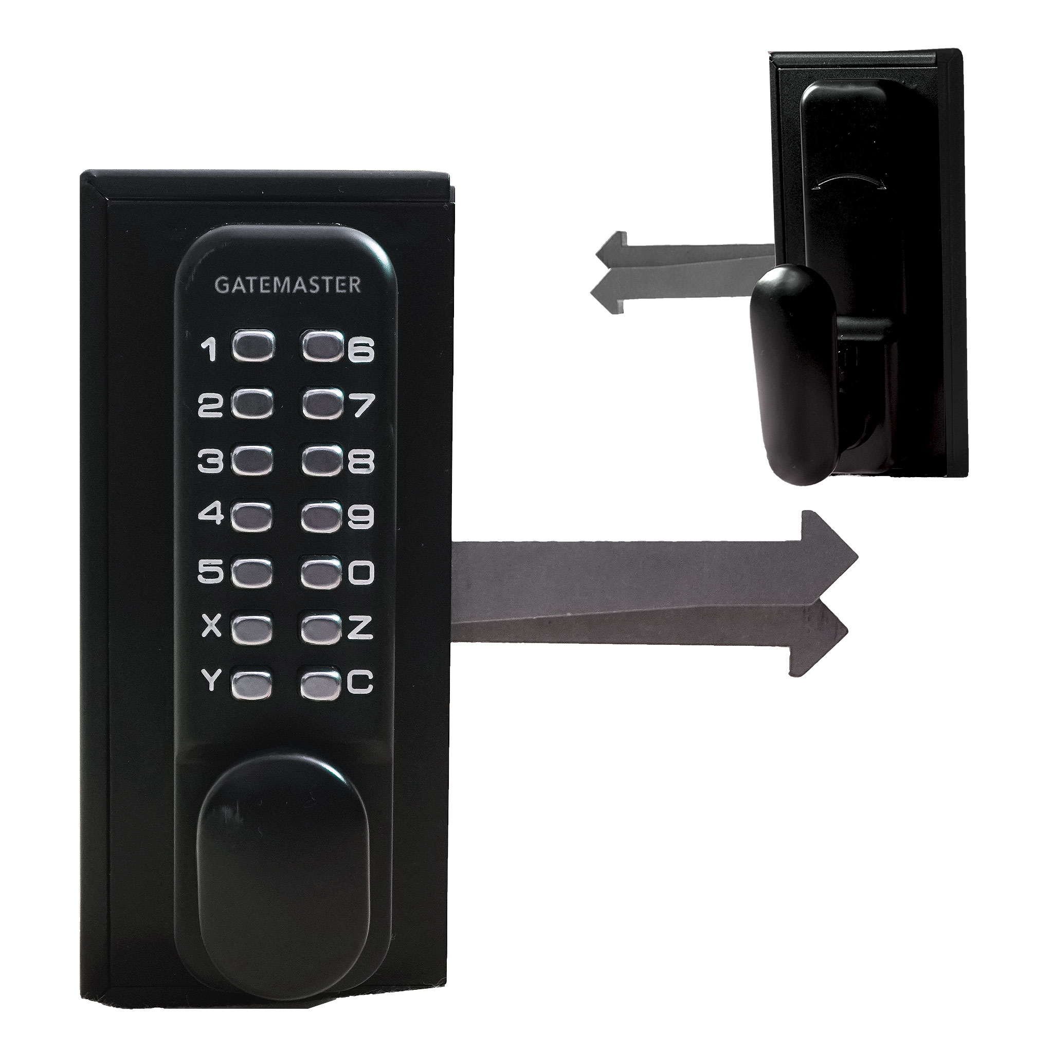 front and back of a sliding gate lock, keypad front and handle on the back