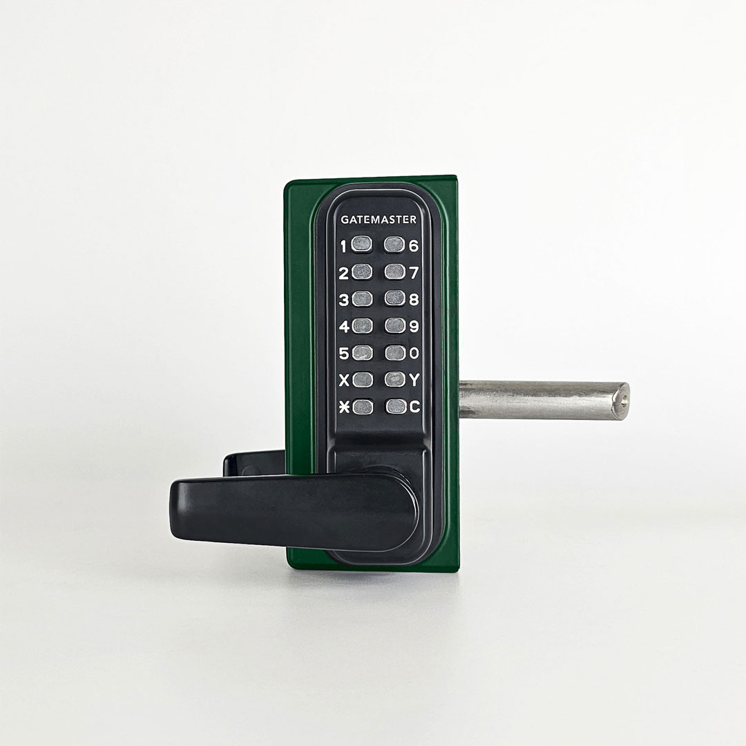 Green gate lock front facing with handle and keypad access