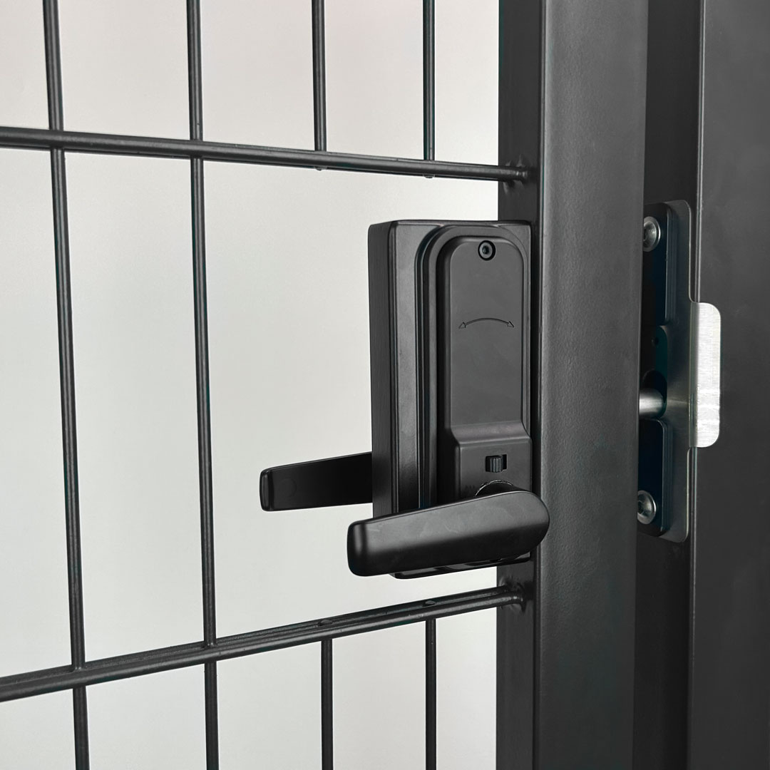 single sided gate lock on black metal gate