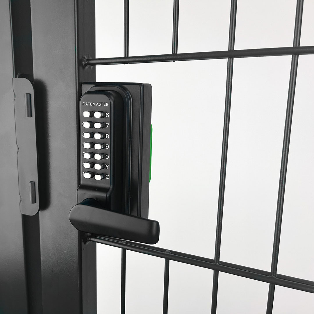 quick exit gate lock with keypad on black gate