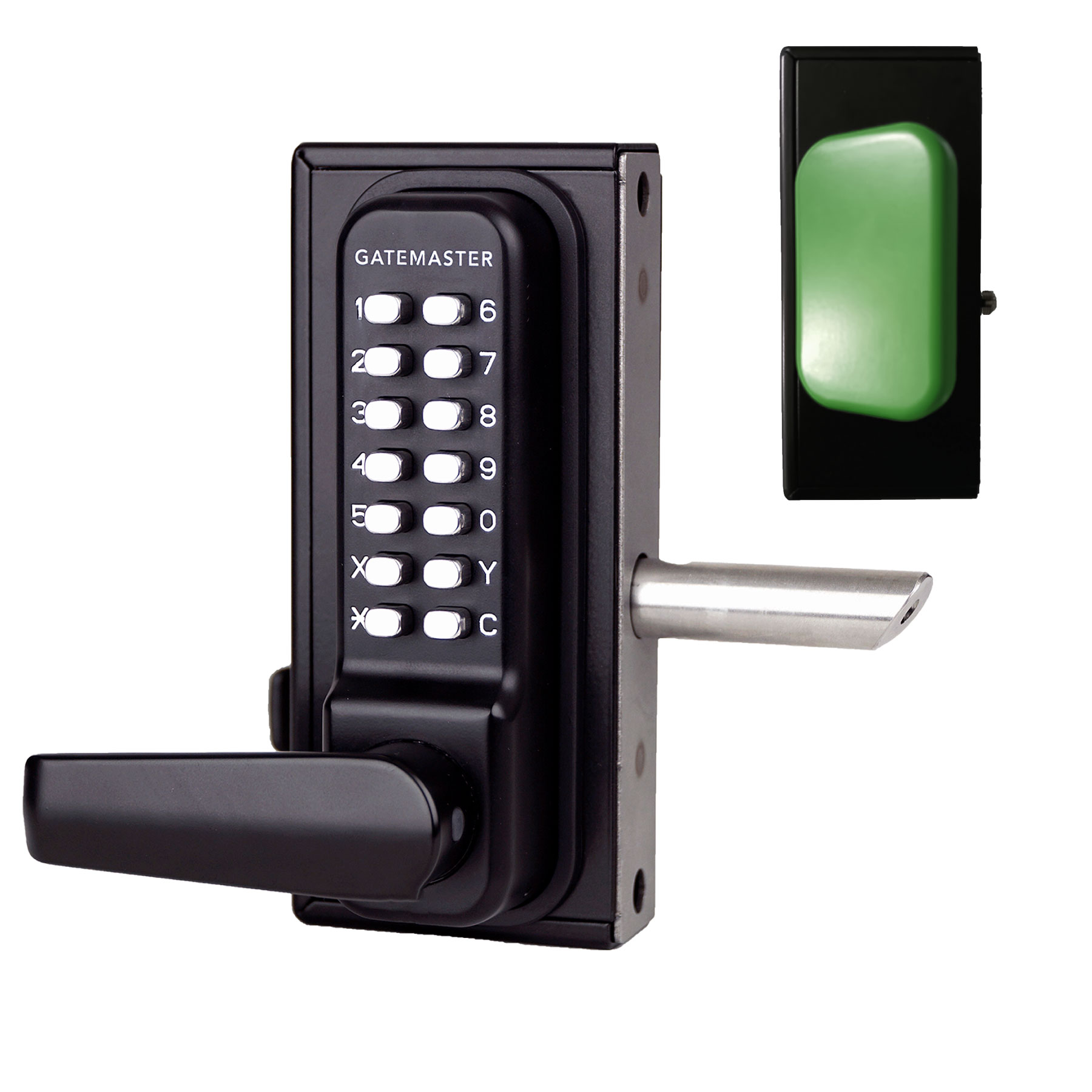 keypad gate lock with green push pad exit