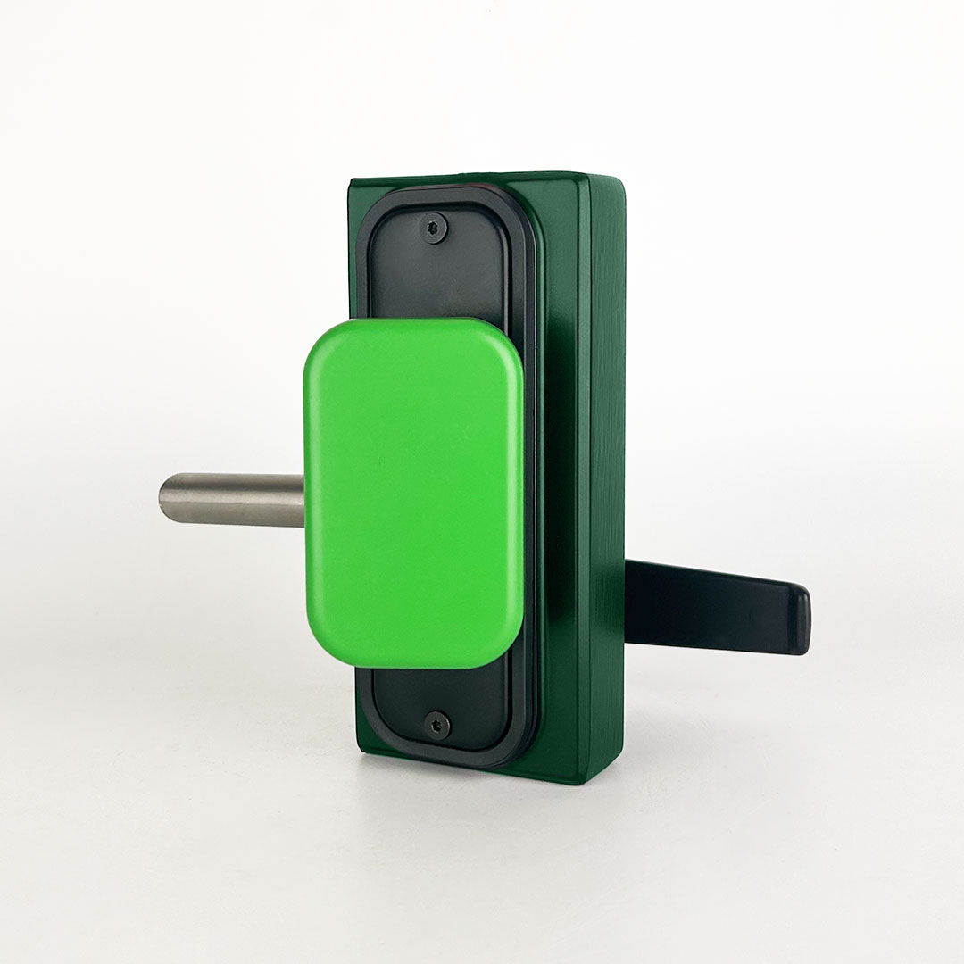 Green push pad, quick exit lock with keypad and handle in a green colour casing
