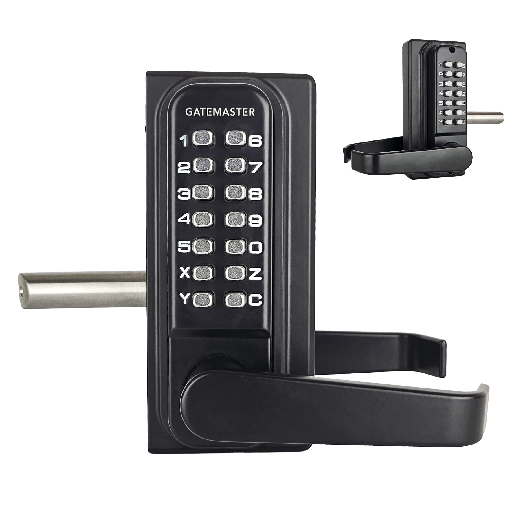 Gate Code lock with lever handles double sided keypad, showing front and back